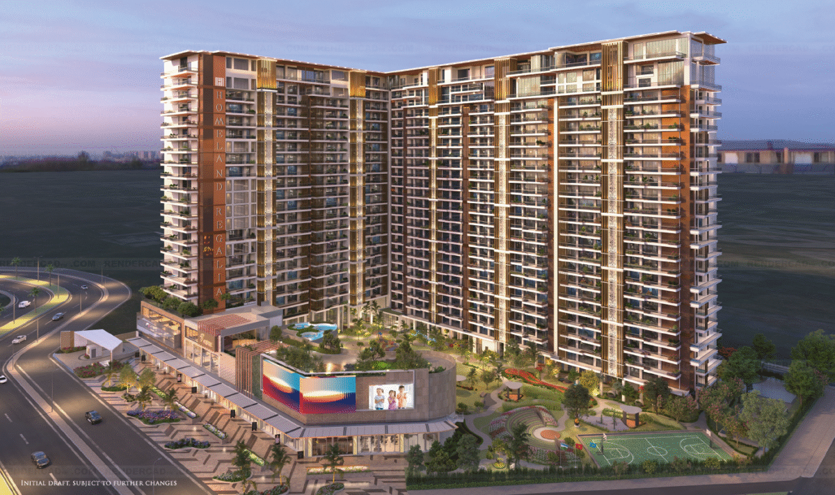 Aerial view of Homeland Regalia Mohali – luxury 24-floor towers in Sector 77 with grand clubhouse and landscaped gardens.