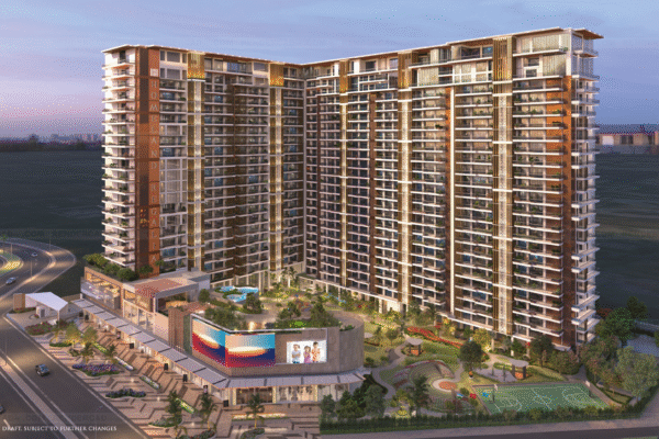 Aerial view of Homeland Regalia Mohali – luxury 24-floor towers in Sector 77 with grand clubhouse and landscaped gardens.