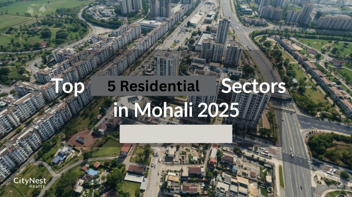 Aerial view of Mohali city highlighting top residential sectors (78, 79, 80, 88, 89) in Mohali’s 2025 property market