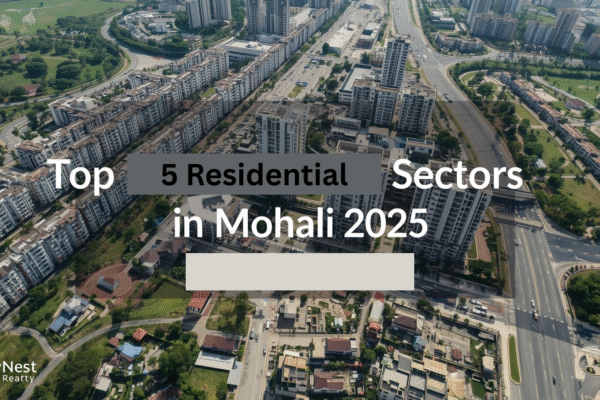 Aerial view of Mohali city highlighting top residential sectors (78, 79, 80, 88, 89) in Mohali’s 2025 property market